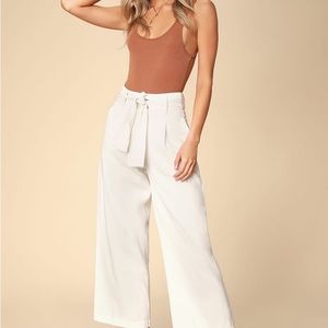 Now or Never Off-White Tie-Waist Cropped Wide-Leg Pants